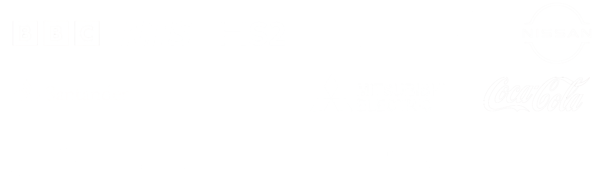BBC NHS HS2 United Utilities Royal Mail Nissan Santander Nationwide Mitsubibishi Electric Coca Cola MTC NPL Skanska Cyber Runway Innovate UK